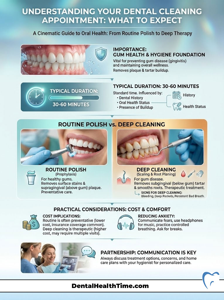 Infographic explaining dental cleaning appointments, highlighting routine polish vs. deep cleaning, costs, and communication tips.