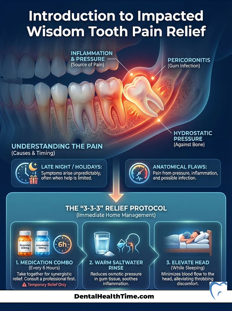 Infographic explaining wisdom tooth pain relief with illustrations, text on causes, and a 3-step relief protocol.