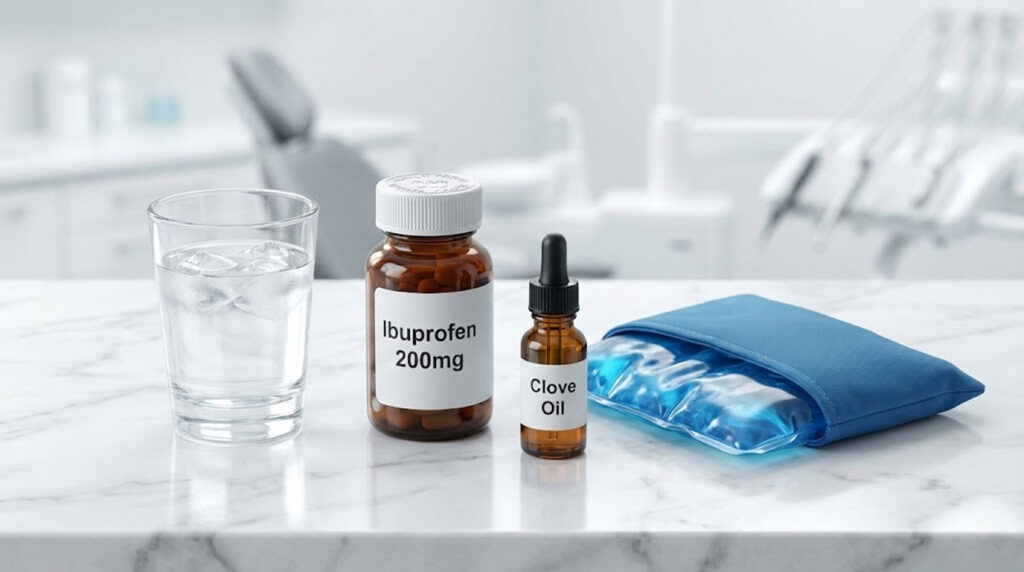 A glass of water with ice, ibuprofen bottle, clove oil dropper, and a blue ice pack on a marble surface.