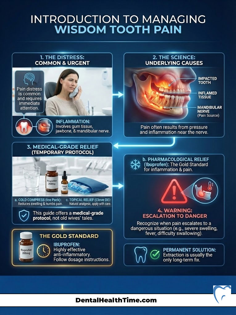 Infographic explaining wisdom tooth pain management, featuring illustrations, text, and medical advice.