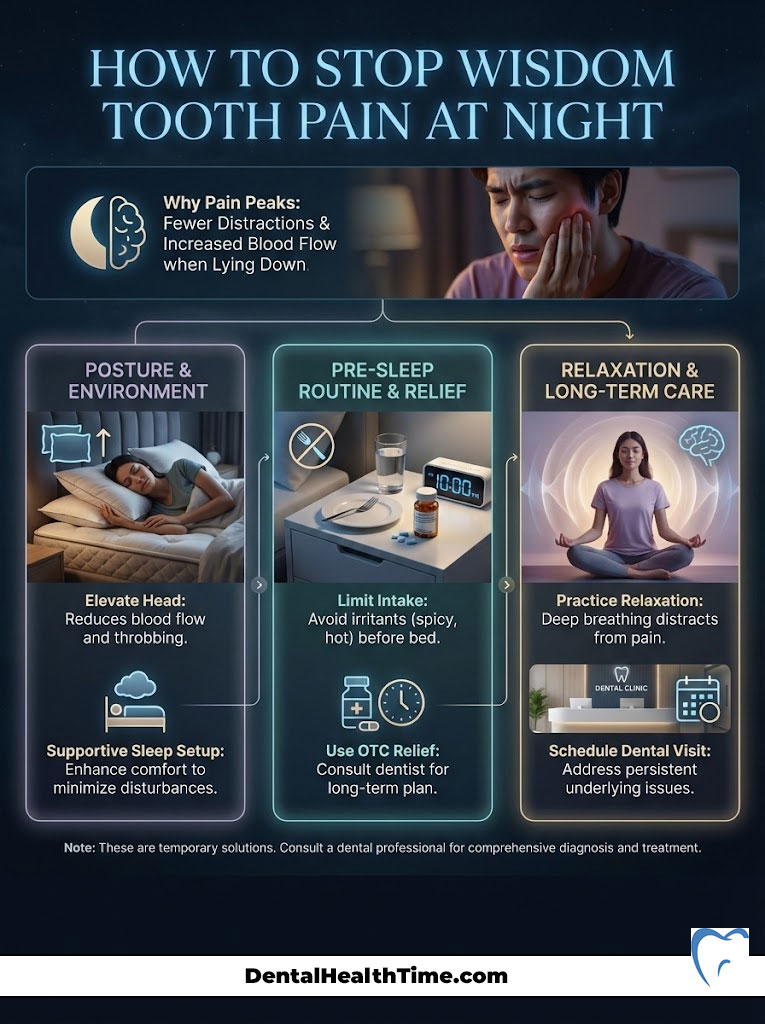 Infographic showing tips to stop wisdom tooth pain at night with icons and text on posture, routines, and relaxation.