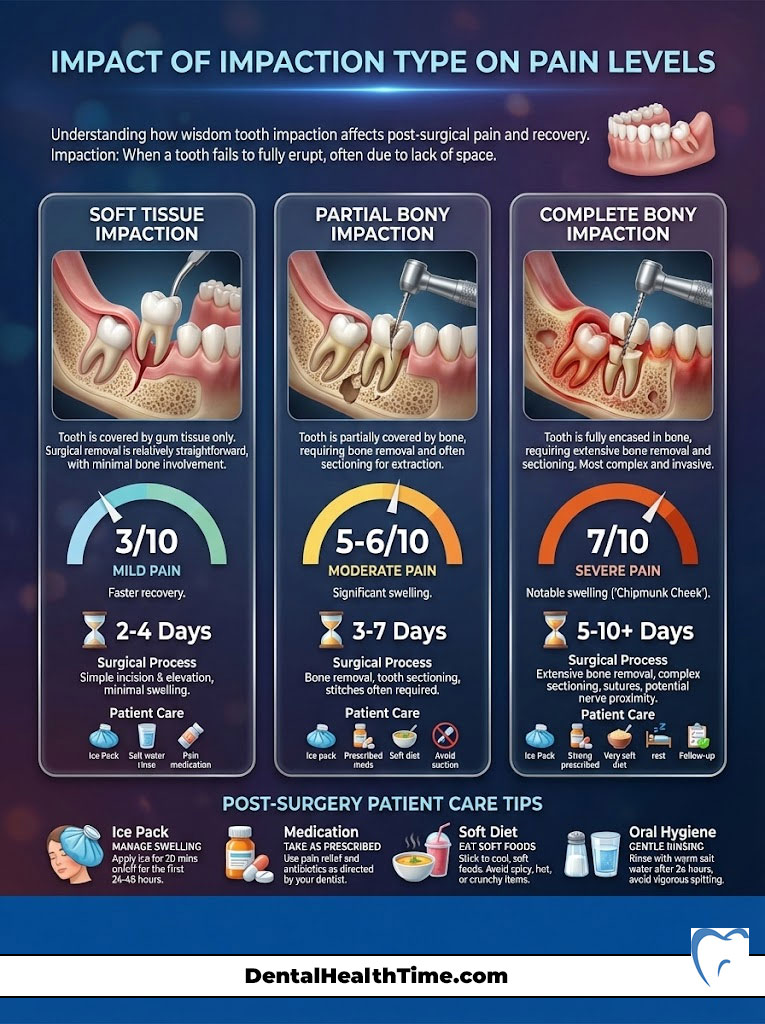 Infographic showing impact of tooth impaction types on pain levels, recovery times, and patient care tips.