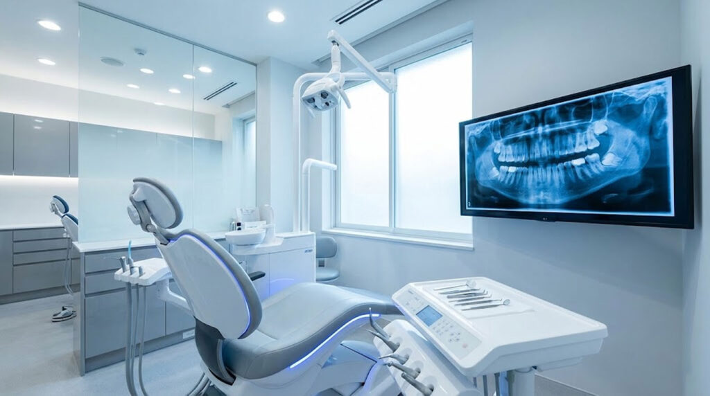 Modern dental office with a dental chair, tools, and an X-ray on the wall. Bright and clean environment.