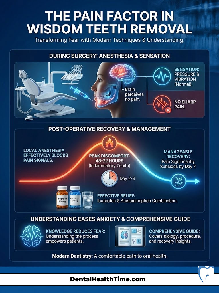 Infographic explaining pain management during wisdom teeth removal, including anesthesia, recovery, and anxiety reduction.
