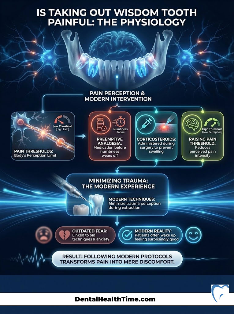 Infographic explaining wisdom tooth extraction pain, featuring pain thresholds, modern techniques, and patient experience.