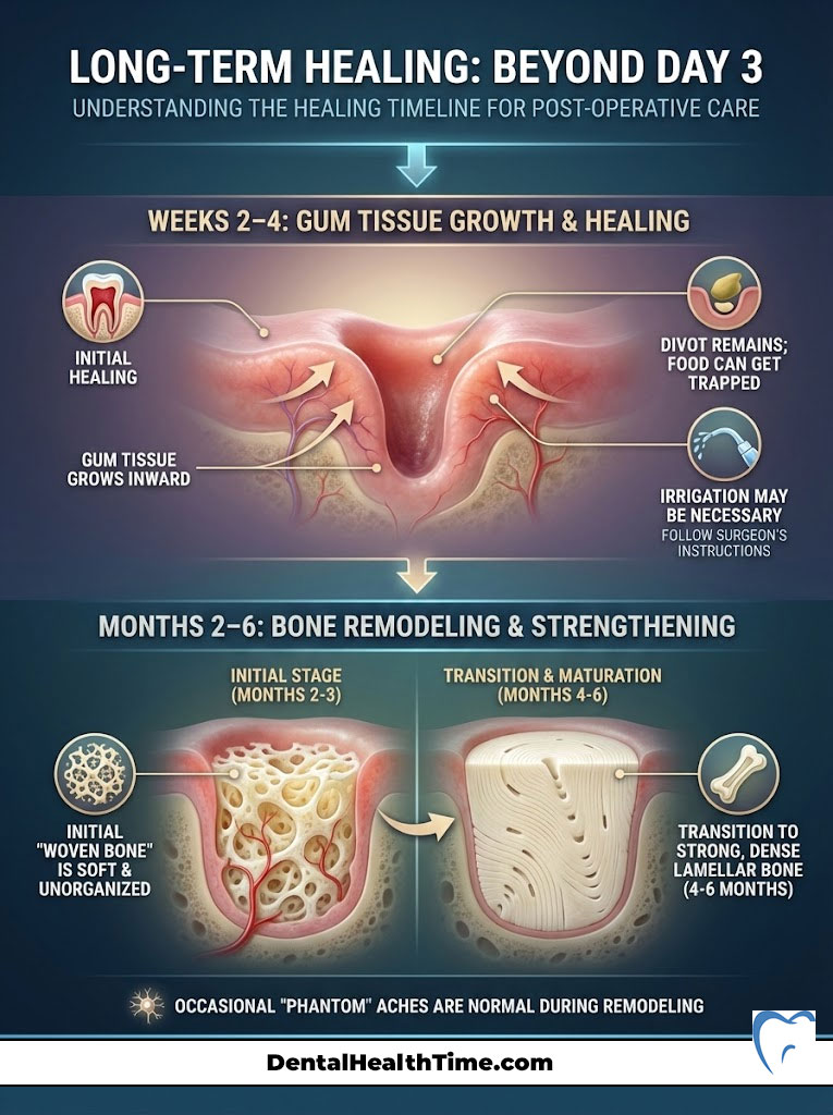Infographic illustrating the healing timeline for post-operative care, showing gum tissue growth and bone remodeling stages.