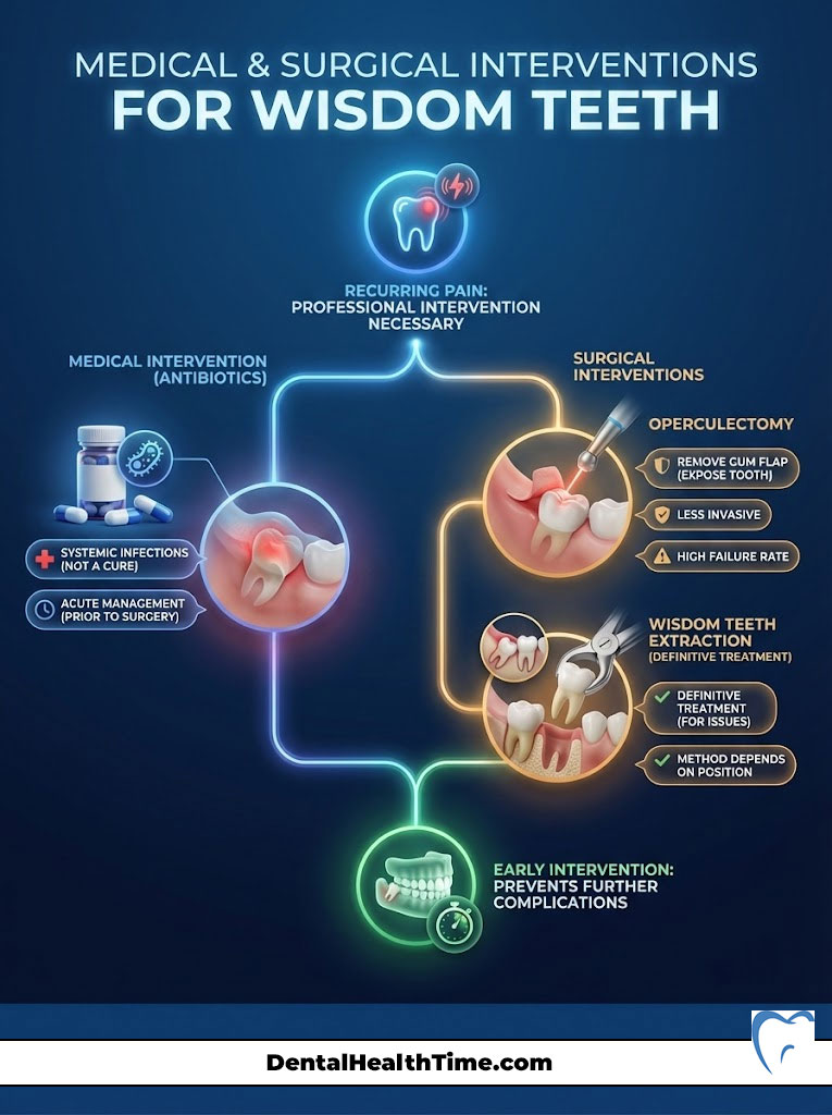 Infographic detailing medical and surgical interventions for wisdom teeth, including antibiotics and extraction methods.