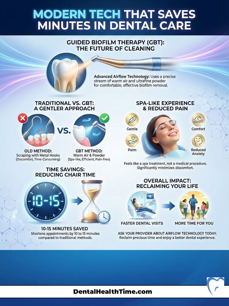 Modern dental care infographic showing Guided Biofilm Therapy benefits, time savings, and patient comfort features.