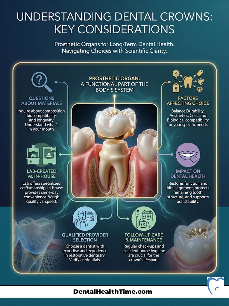 Infographic explaining dental crowns, including materials, provider selection, and maintenance tips.
