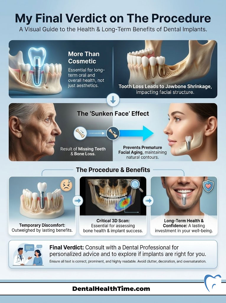 Infographic illustrating dental implants benefits, featuring images of teeth, jawbone, and facial effects with key text points.