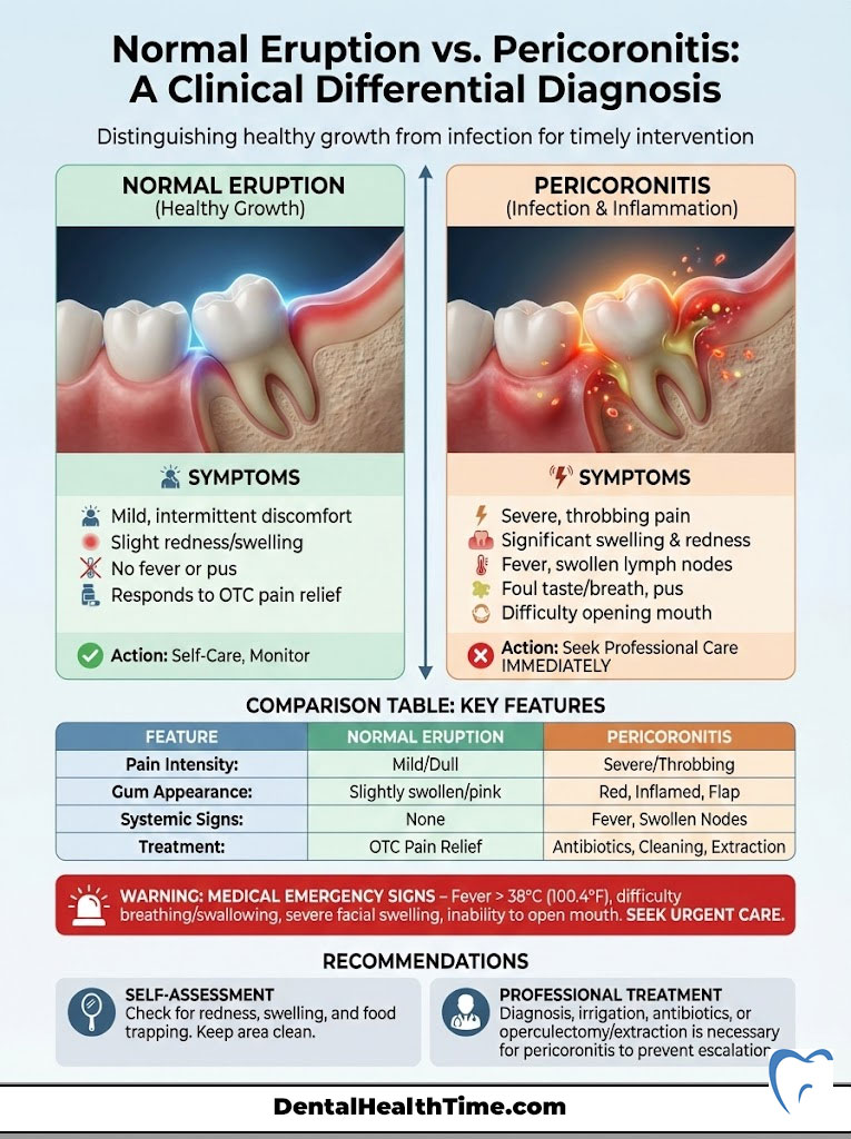 Infographic comparing normal eruption and pericoronitis symptoms, features, and treatment options.