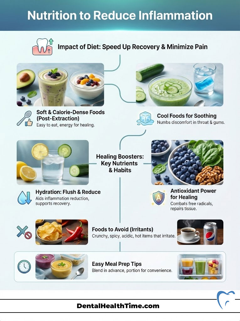 Infographic showing nutrition tips to reduce inflammation with images of foods and hydration methods.