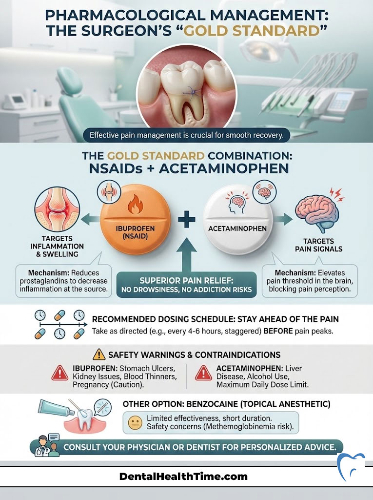 Infographic detailing pharmacological management for pain, highlighting NSAIDs and acetaminophen with icons and dosage recommendations.
