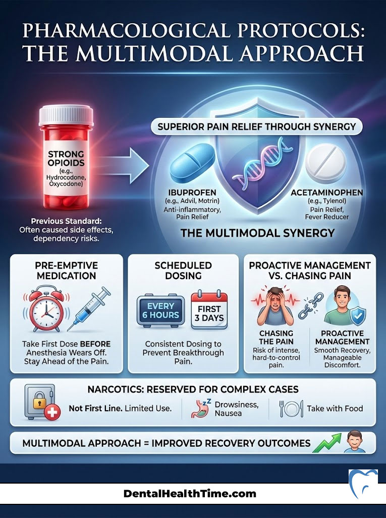 Infographic illustrating pharmacological protocols for pain relief, featuring medications and management strategies.