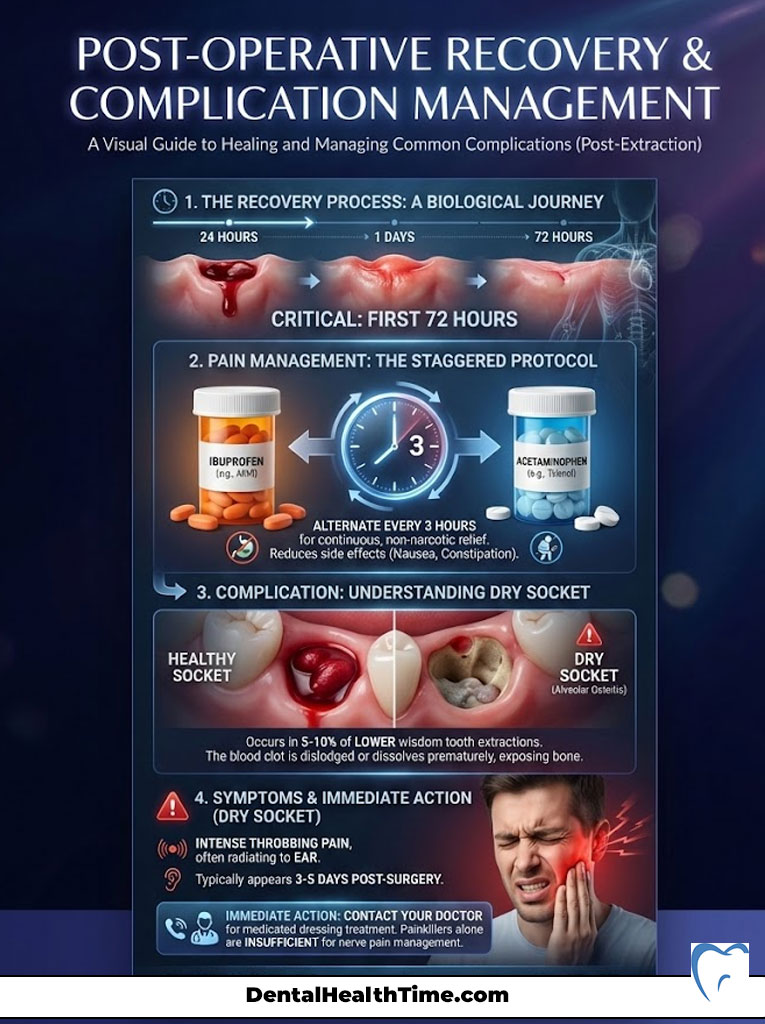 Infographic detailing post-operative recovery, pain management, dry socket symptoms, and actions to take.