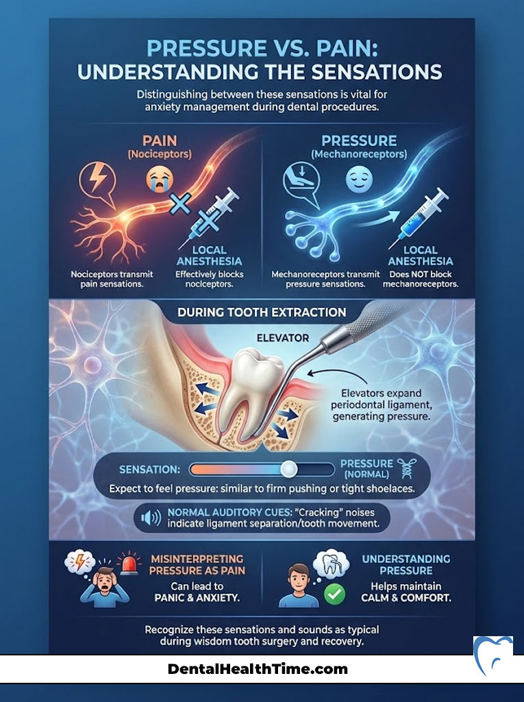 Infographic explaining the difference between pain and pressure sensations during dental procedures, featuring diagrams and text.