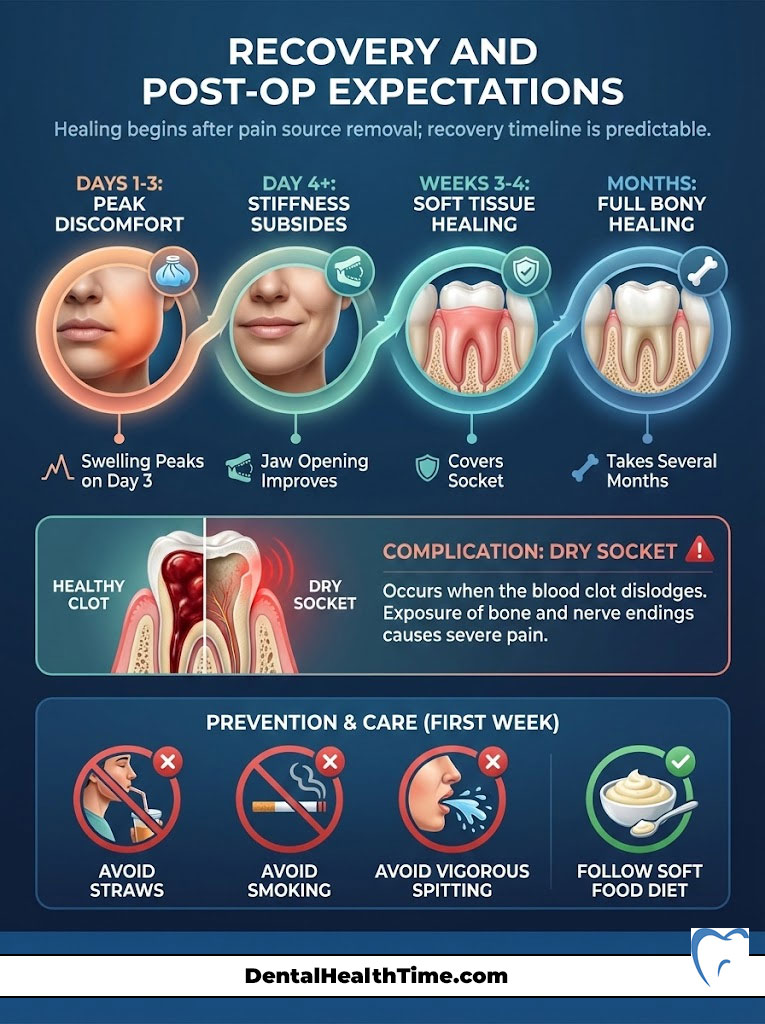 Infographic showing recovery timeline after dental surgery with key stages, care tips, and complications.