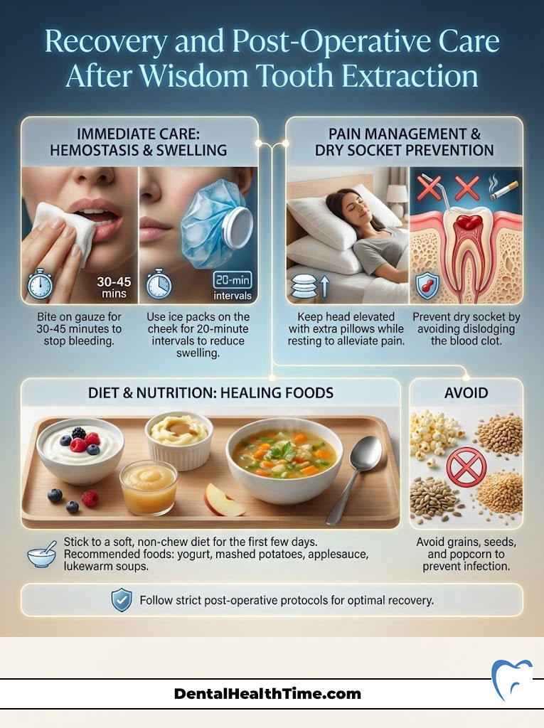 Infographic detailing recovery steps after wisdom tooth extraction, including care tips and dietary recommendations.