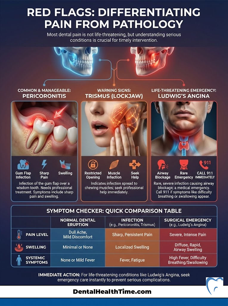 Infographic showing dental pain types: Pericoronitis, Trismus, and Ludwig's Angina with symptoms and actions.
