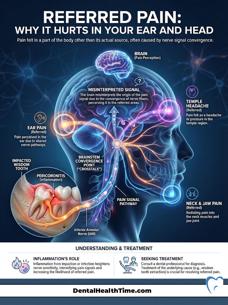 Infographic explaining referred pain in the ear and head, showing pain pathways and treatment options.