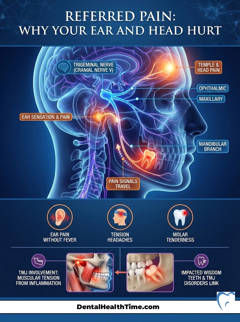 Infographic showing referred pain pathways from the ear and head, highlighting nerves and pain signals.