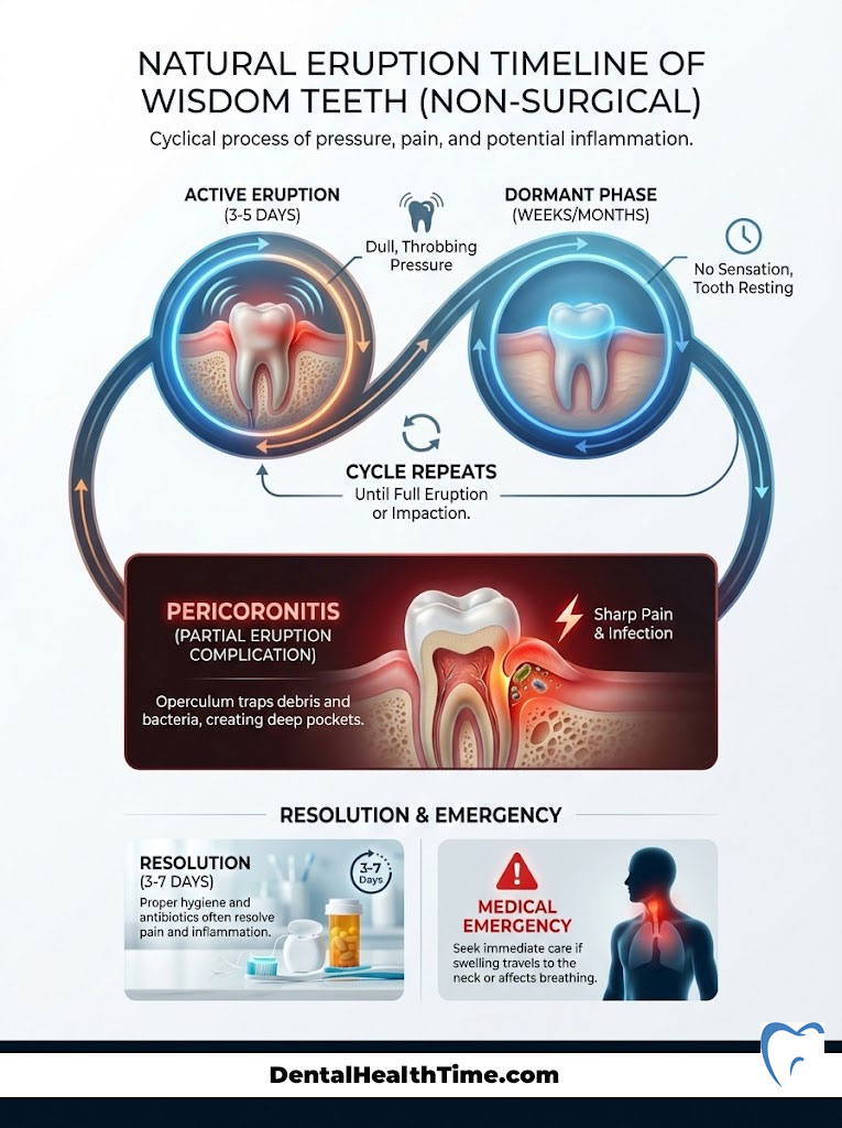 Infographic showing the natural eruption timeline of wisdom teeth, including phases and complications.