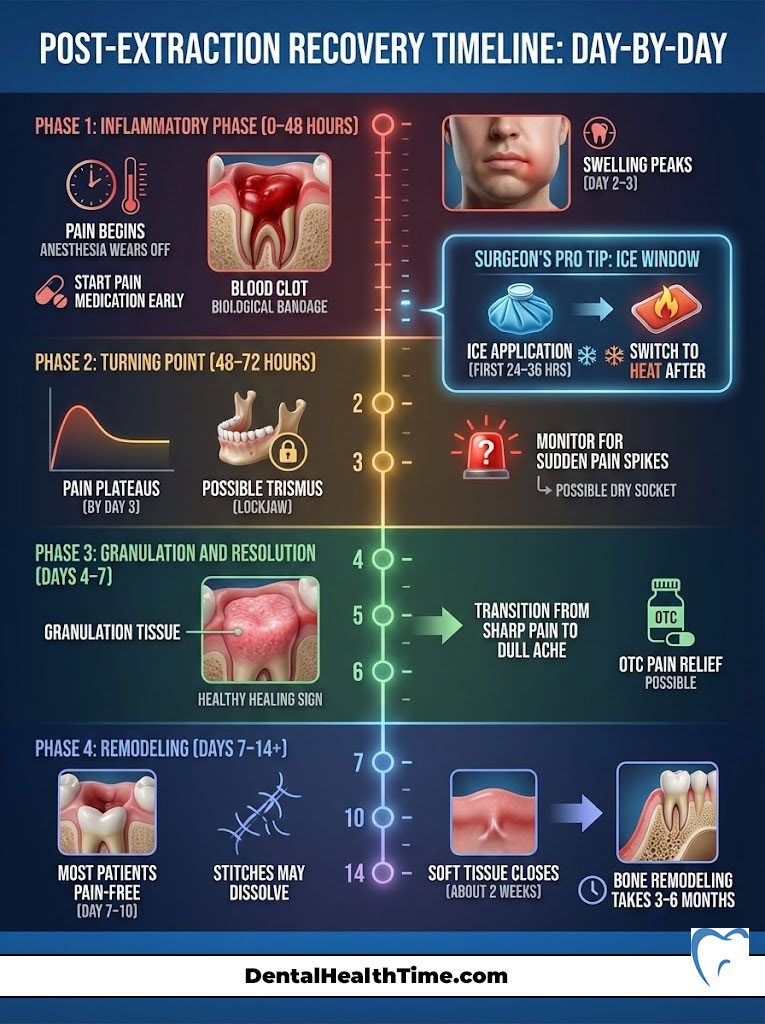 Infographic showing post-extraction recovery timeline with phases, pain levels, and tips for care.