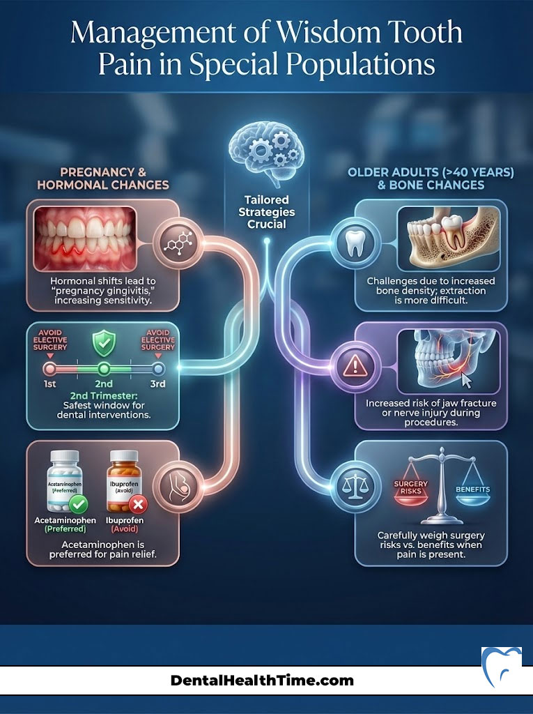 Infographic on managing wisdom tooth pain in pregnancy and older adults, showing key strategies and medications.