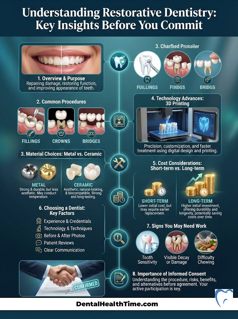 Infographic detailing restorative dentistry, covering procedures, materials, costs, and key factors for choosing a dentist.