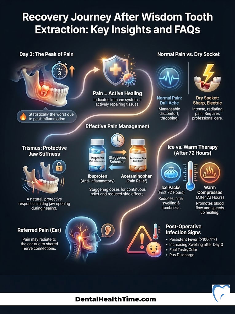 Infographic detailing recovery after wisdom tooth extraction, including pain management and healing stages.
