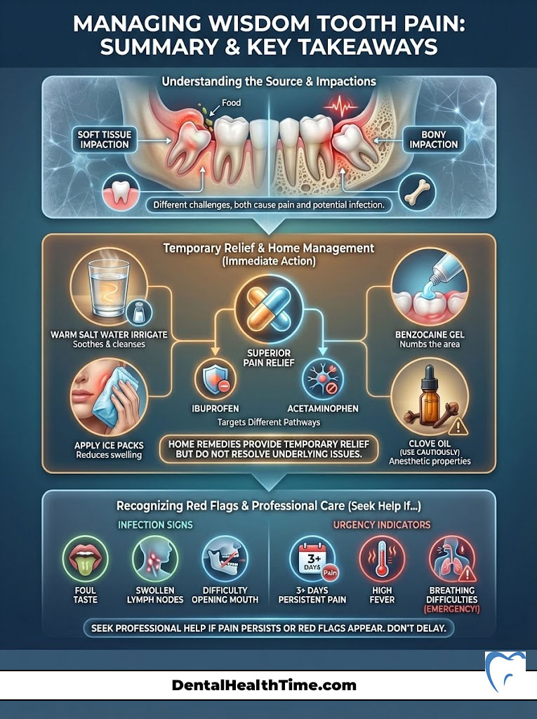 Infographic on managing wisdom tooth pain, showing impacts, relief methods, and red flags for professional care.