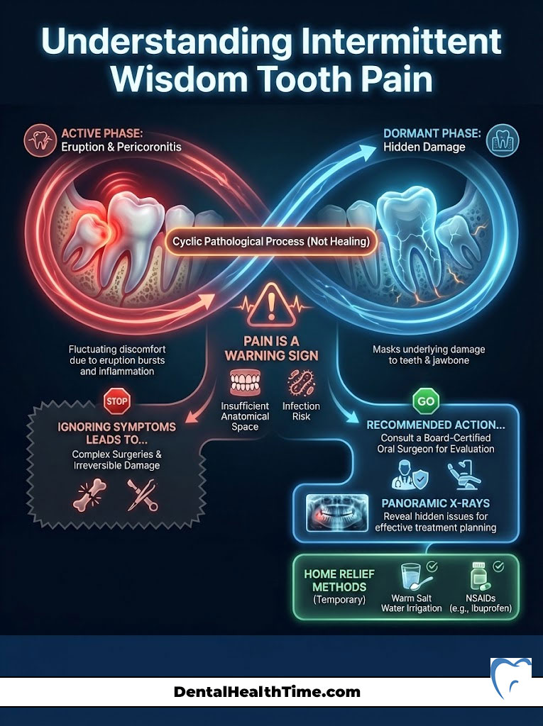 Infographic explaining intermittent wisdom tooth pain with phases, symptoms, and recommended actions.