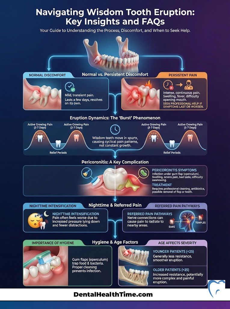 Infographic showing wisdom tooth eruption insights, including pain types, symptoms, and hygiene importance.