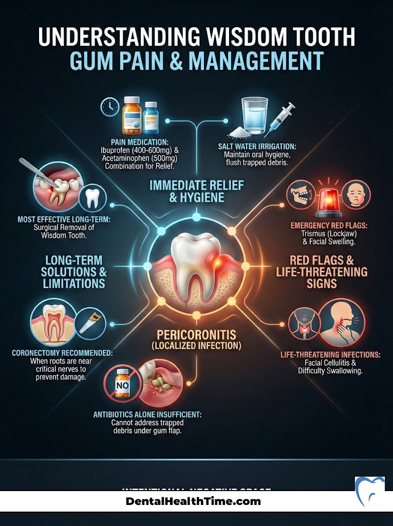 Infographic explaining wisdom tooth gum pain management, featuring medication, hygiene tips, and emergency signs.