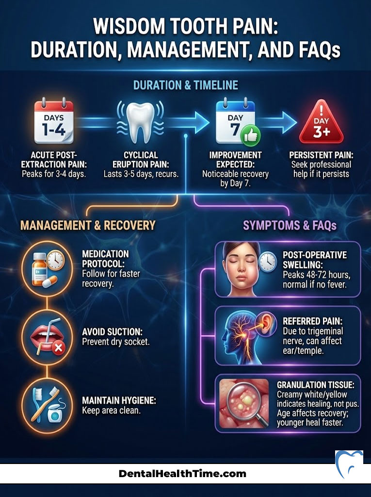 Infographic detailing wisdom tooth pain duration, management tips, and FAQs with icons and timelines.