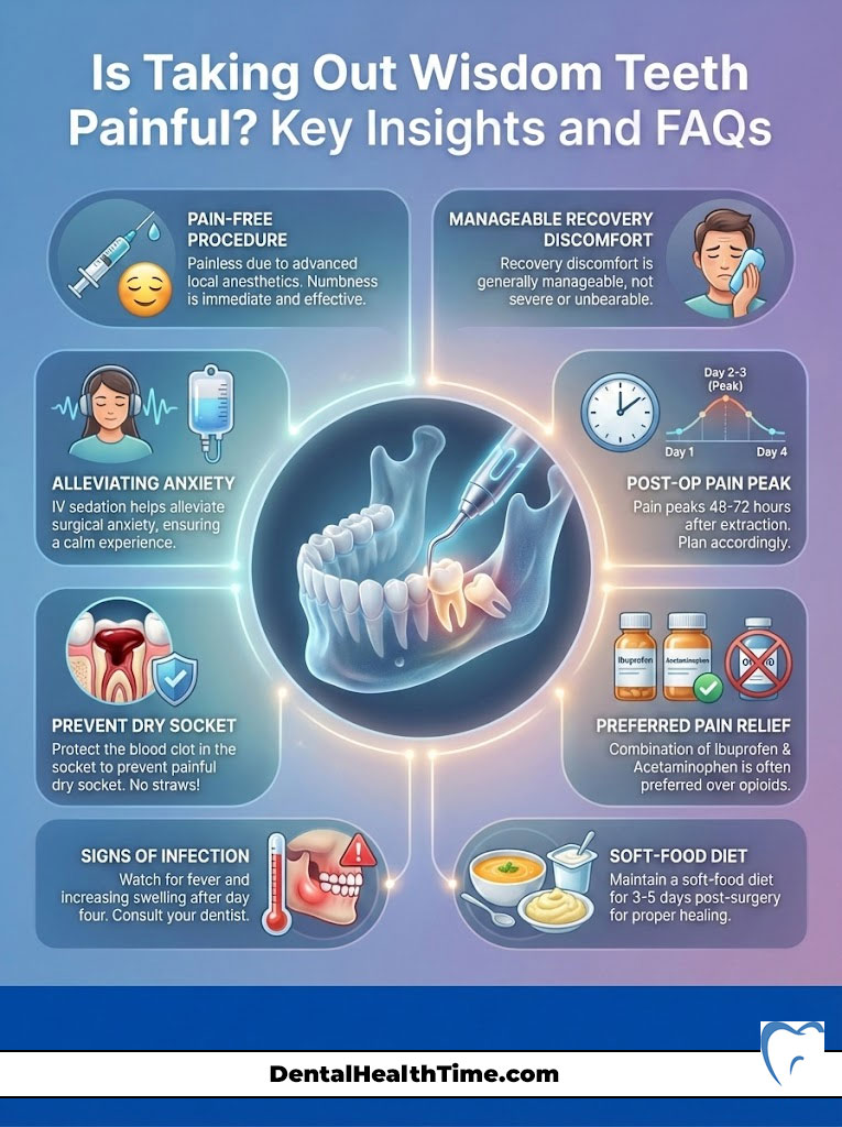 Infographic detailing wisdom teeth extraction pain management, recovery tips, and signs of infection.