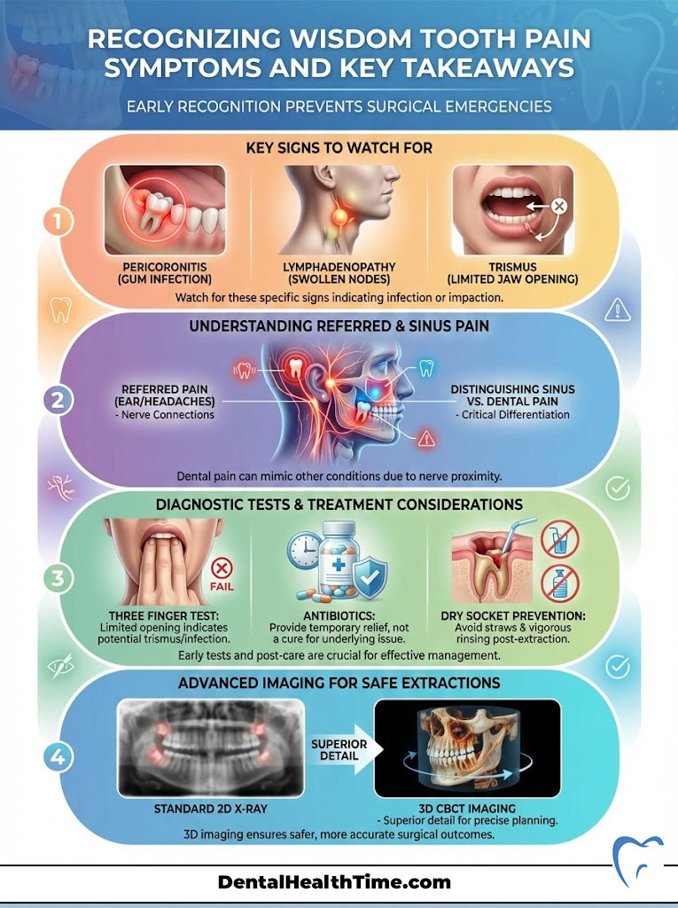 Infographic showing wisdom tooth pain symptoms, diagnostic tests, and treatment options with illustrations and key points.