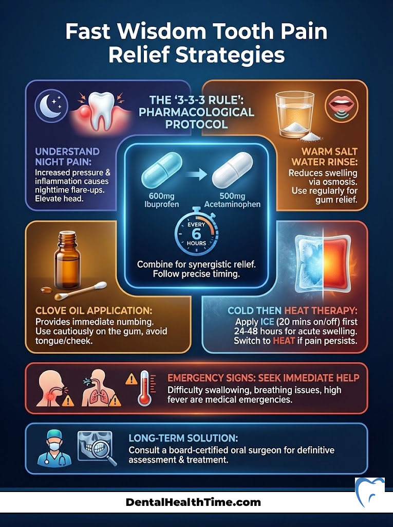 Infographic detailing fast wisdom tooth pain relief strategies, including medication and home remedies.
