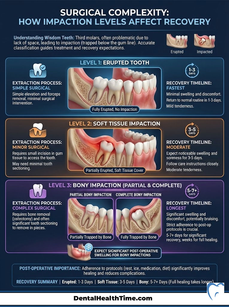 Infographic explaining surgical complexity of wisdom teeth extraction with levels, recovery timelines, and processes.