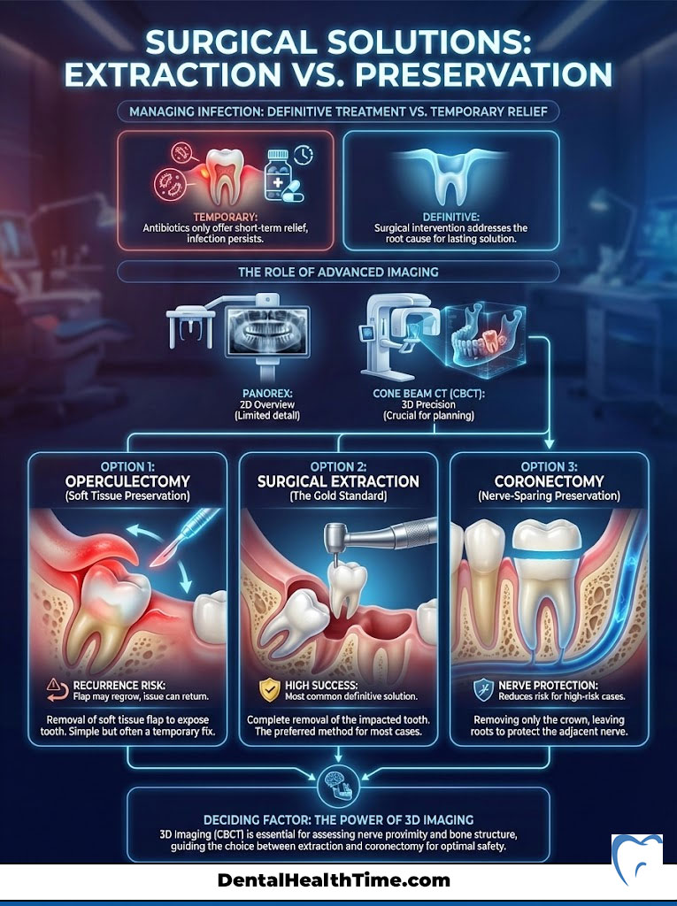 Infographic comparing surgical solutions for tooth extraction and preservation, detailing options and imaging techniques.
