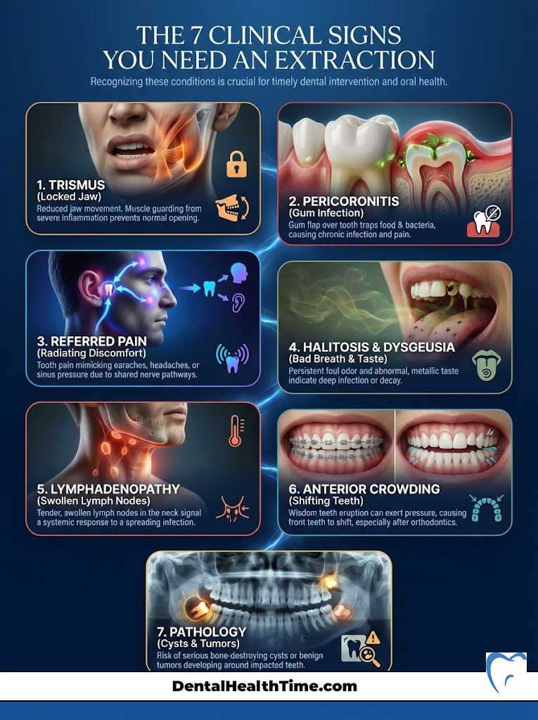Infographic showing 7 clinical signs for dental extraction, including images and descriptions of each sign.
