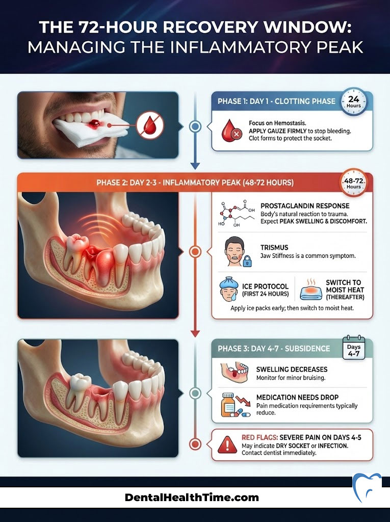 Infographic illustrating the 72-hour recovery window for managing post-operative inflammation with phases and key actions.