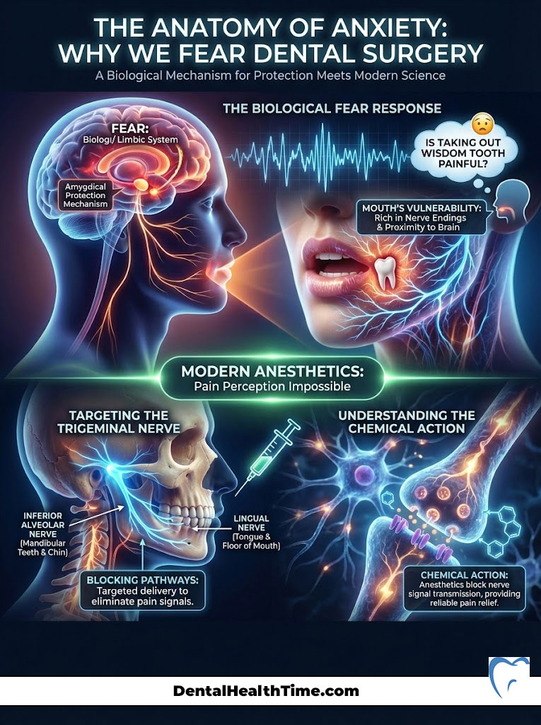 Infographic illustrating the biological fear response and modern anesthetics in dental surgery anxiety.