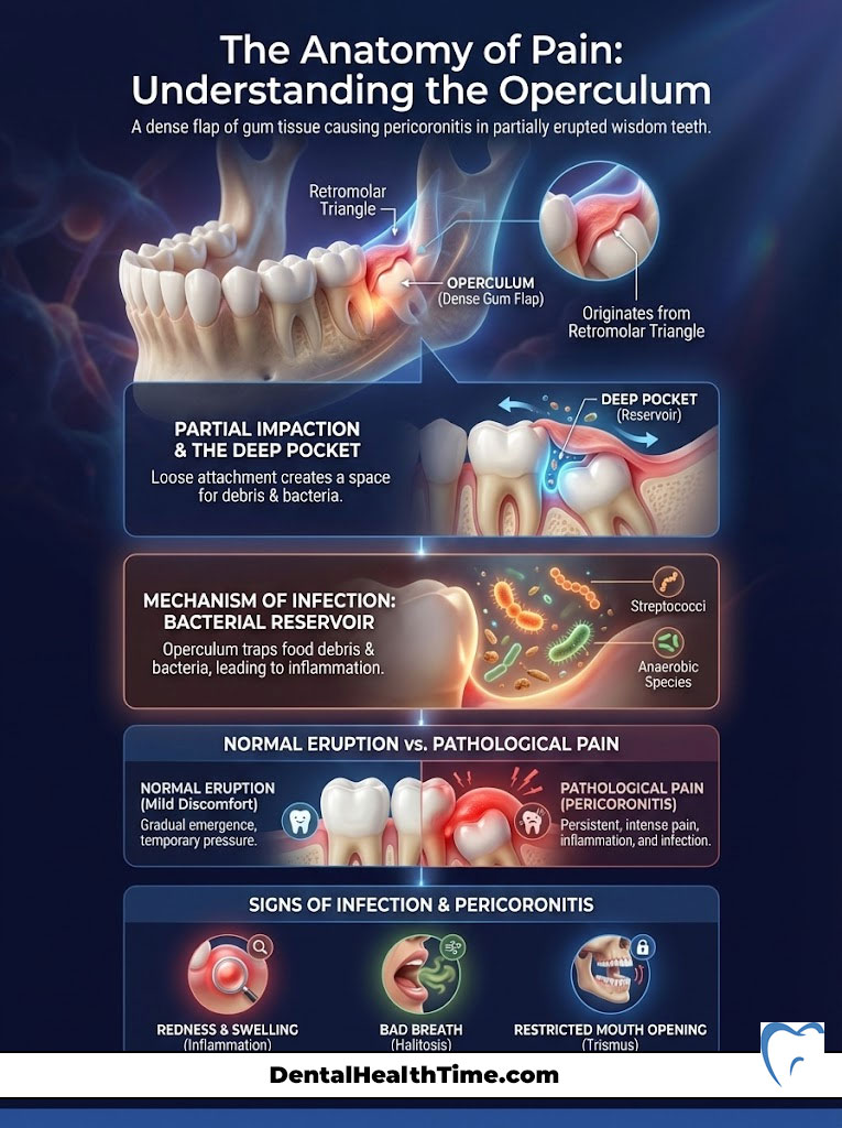 Infographic illustrating the operculum's role in pericoronitis with labeled diagrams and key information on infection mechanisms.