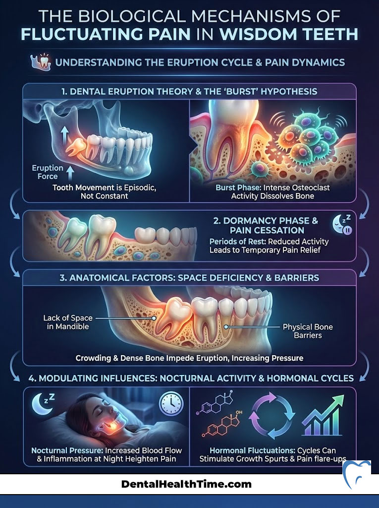 Infographic explaining biological mechanisms of fluctuating pain in wisdom teeth with illustrations and data points.