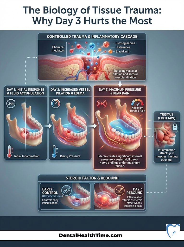 Infographic illustrating tissue trauma biology, showing inflammation stages, pain peak, and jaw muscle effects.