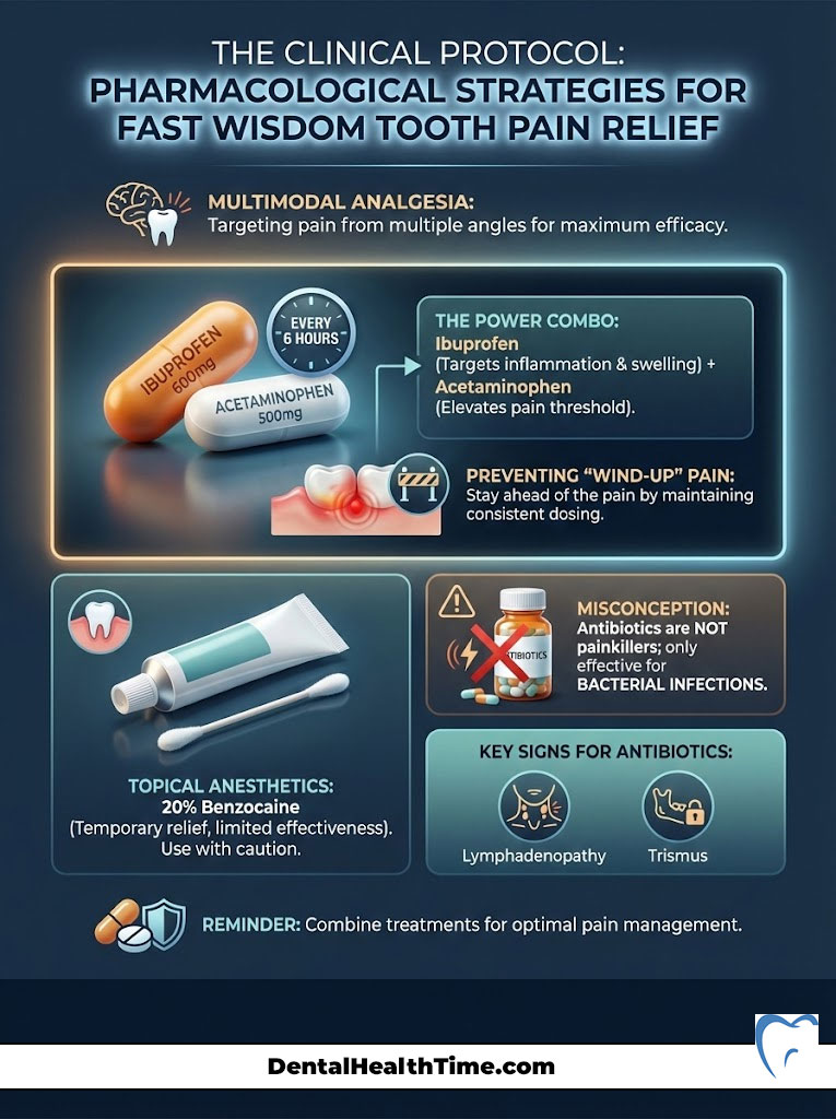 Infographic detailing pharmacological strategies for wisdom tooth pain relief, featuring ibuprofen and acetaminophen.