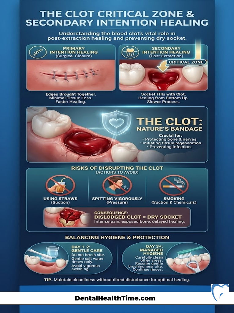 Infographic explaining the clot critical zone and secondary intention healing after tooth extraction, with illustrations and tips.