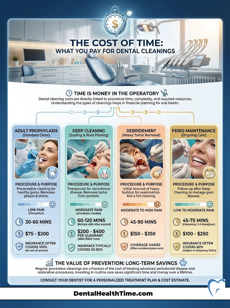 Infographic detailing dental cleaning costs, procedures, pain levels, and time requirements for various treatments.