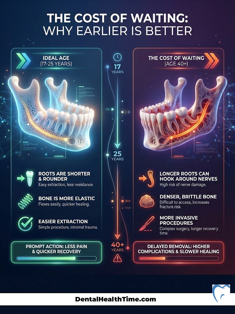 Infographic comparing dental extraction benefits at ages 17-25 versus 40+, highlighting risks and recovery times.